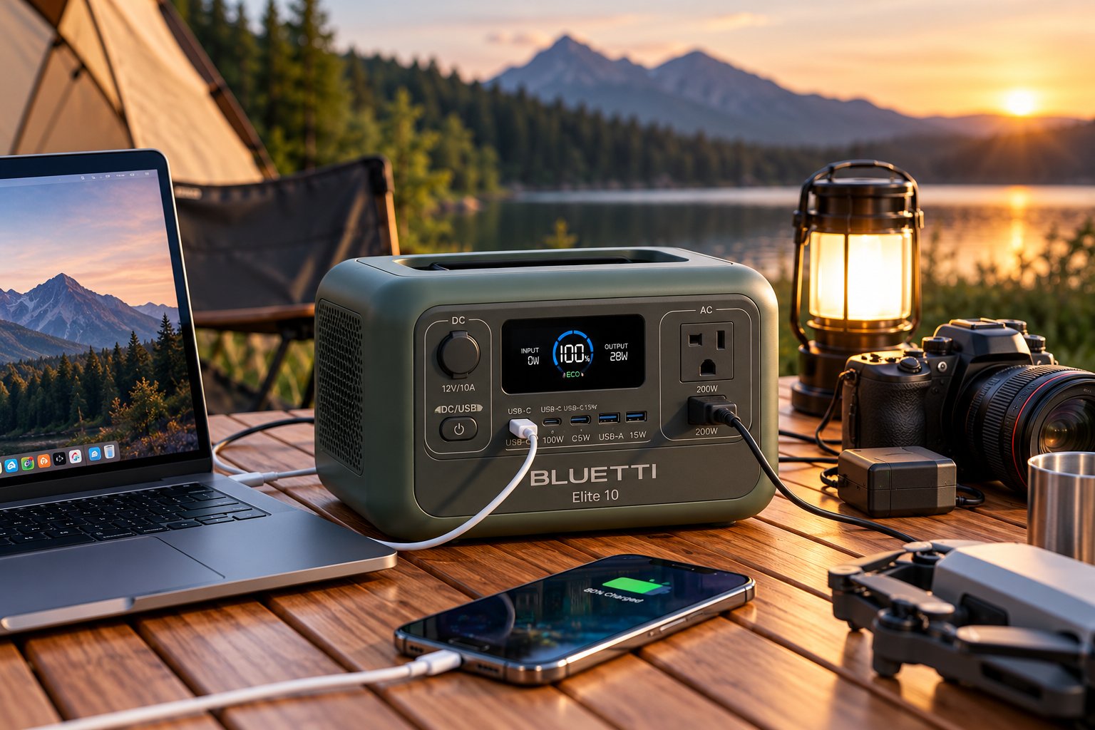 Drawn camp-table scene at dusk: a compact olive-green power station with a lit display charging a laptop and a phone, beside a lantern, camera, drone and charging cable, with a tent, a lake and mountains behind. WattPick Lab editorial illustration.