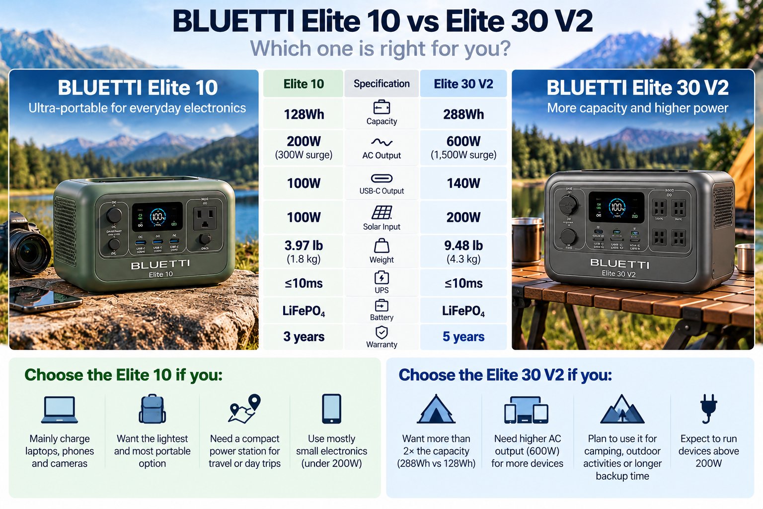 Side-by-side comparison plate for the BLUETTI Elite 10 and Elite 30 V2 listing capacity, AC output, USB-C output, solar input, weight, UPS, battery chemistry and warranty, with a short who-it-fits list under each model. WattPick Lab editorial illustration.