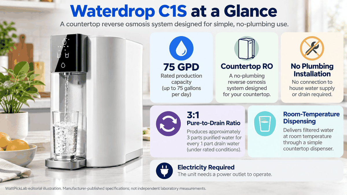 WattPick Lab editorial illustration of the Waterdrop C1S at a glance: a 75 GPD rating, a 3:1 pure-to-drain ratio, countertop operation without a plumbing connection, a detachable water tank and a power outlet requirement.