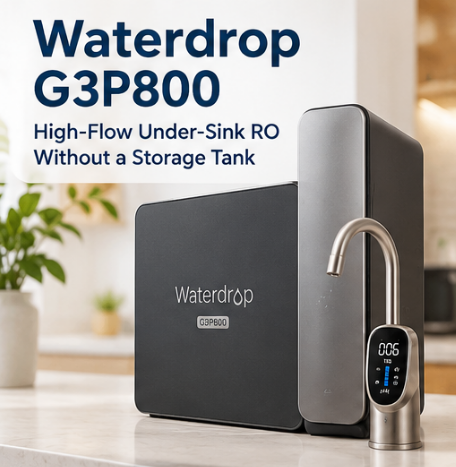 WattPick Lab editorial illustration of the Waterdrop G3P800 unit together with its smart faucet, shown as a line drawing.
