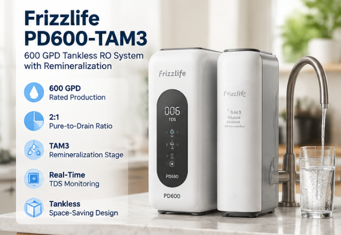 WattPick Lab editorial illustration of the Frizzlife PD600-TAM3 tankless under-sink reverse osmosis system shown alongside its separate TAM3 remineralization module and dedicated faucet.