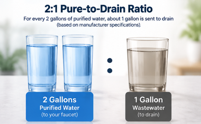 WattPick Lab editorial illustration of the listed two-to-one pure-to-drain ratio: two glasses of purified water beside one glass of water sent to drain.