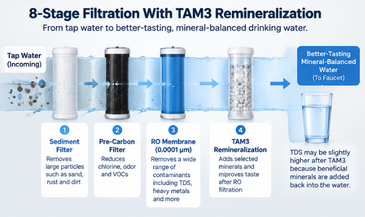 WattPick Lab editorial illustration of the filtration path: the reverse osmosis membrane reduces dissolved substances, then the TAM3 module adds selected minerals back before the water reaches the faucet.