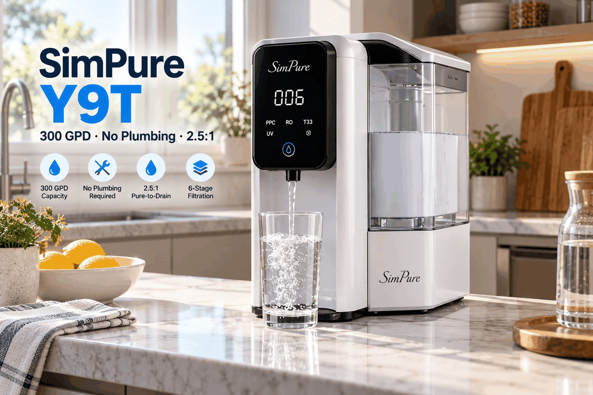 WattPick Lab editorial illustration of the SimPure Y9T countertop reverse osmosis system dispensing water into a glass on a kitchen counter, labelled 300 GPD, no plumbing and a 2.5:1 pure-to-drain ratio.