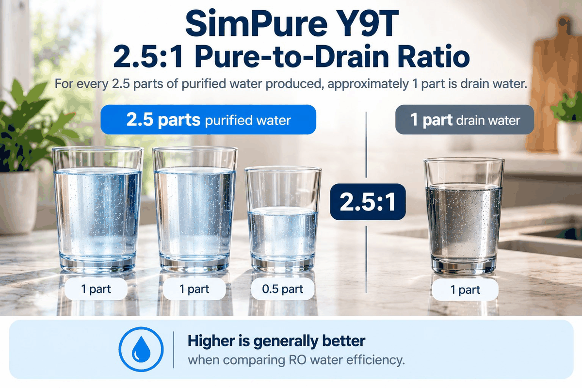 WattPick Lab editorial illustration of the published 2.5:1 pure-to-drain ratio: 2.5 parts purified water for about 1 part drain water, with a note that higher ratios are generally better when comparing RO water efficiency.