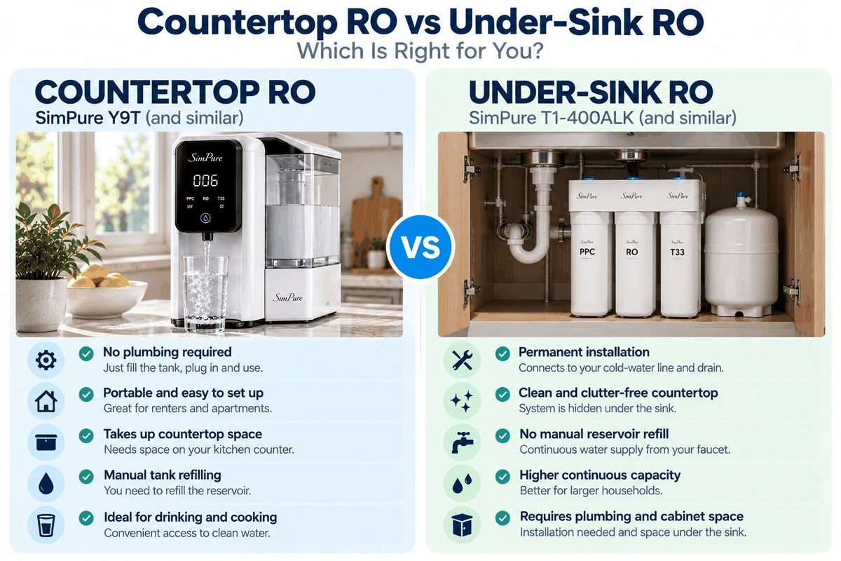 WattPick Lab editorial illustration comparing countertop RO and under-sink RO: portability and no plumbing on one side, permanent installation, a cleaner countertop and no manual reservoir refill on the other.